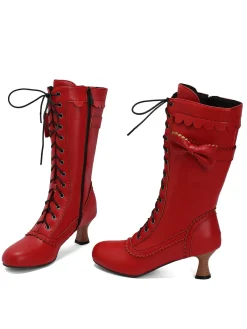 Best Retro Stage Leather Bow Lace-Up Calf High Boots