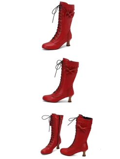 Best Retro Stage Leather Bow Lace-Up Calf High Boots