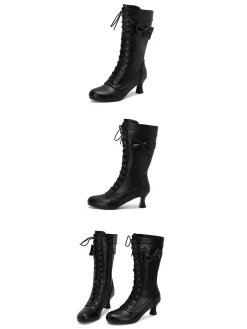 Best Retro Stage Leather Bow Lace-Up Calf High Boots