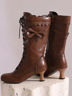 Best Retro Stage Leather Bow Lace-Up Calf High Boots