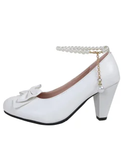 Fashion Retro Stage Leather Bowknot Pearl Ankle Strap Chunky Heels