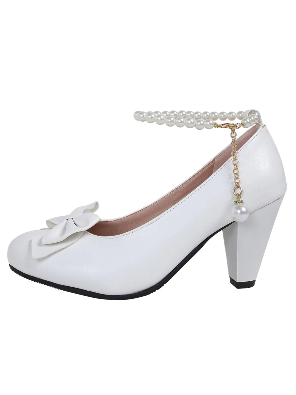 Fashion Retro Stage Leather Bowknot Pearl Ankle Strap Chunky Heels