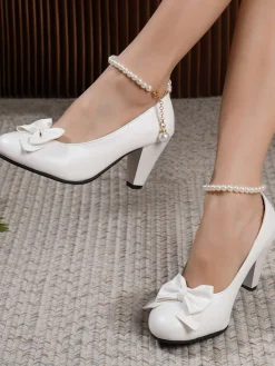 Fashion Retro Stage Leather Bowknot Pearl Ankle Strap Chunky Heels