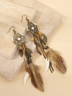 Best Retro Stage Leather Choker & Feather Dreamcatcher Tassel Earrings Set