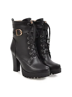 Discount Retro Stage Leather High Top Chunky Heel Martin Boots