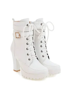Discount Retro Stage Leather High Top Chunky Heel Martin Boots