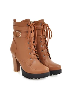 Discount Retro Stage Leather High Top Chunky Heel Martin Boots