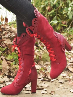 Outlet Retro Stage Leather Petal Edge Lace-Up Mid-Calf Boots
