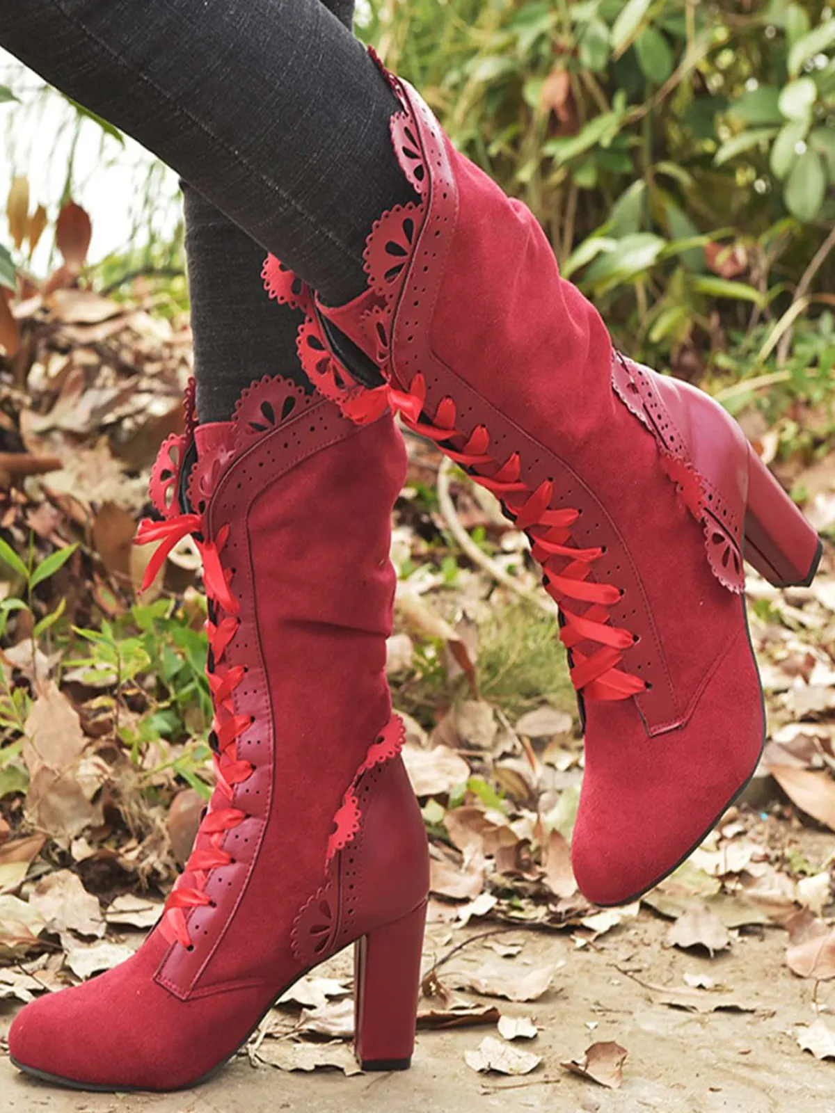 Outlet Retro Stage Leather Petal Edge Lace-Up Mid-Calf Boots