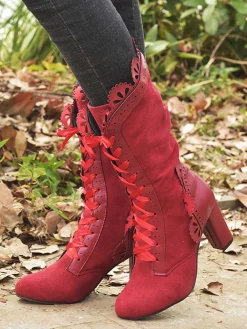 Outlet Retro Stage Leather Petal Edge Lace-Up Mid-Calf Boots