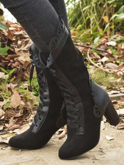 Outlet Retro Stage Leather Petal Edge Lace-Up Mid-Calf Boots