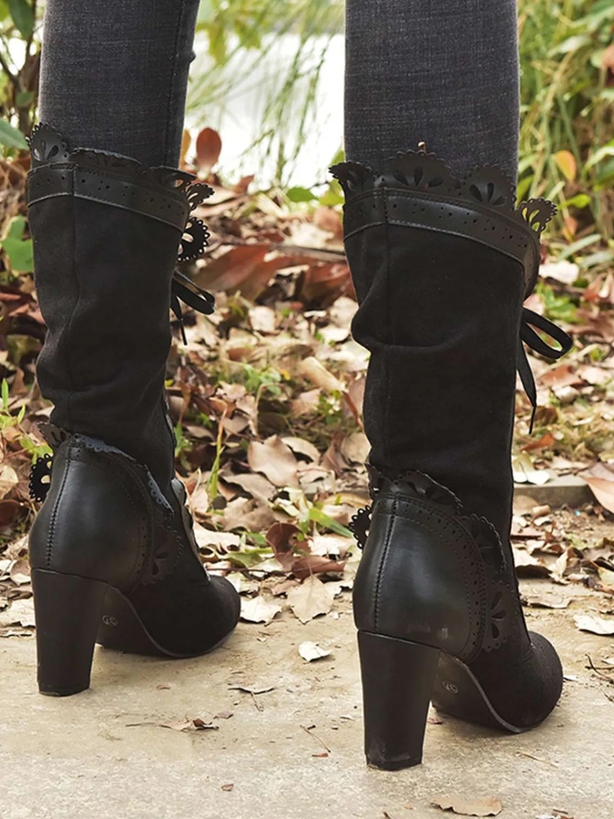 Outlet Retro Stage Leather Petal Edge Lace-Up Mid-Calf Boots