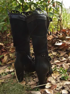 Outlet Retro Stage Leather Petal Edge Lace-Up Mid-Calf Boots