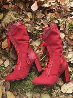Outlet Retro Stage Leather Petal Edge Lace-Up Mid-Calf Boots