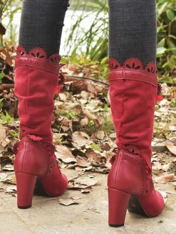 Outlet Retro Stage Leather Petal Edge Lace-Up Mid-Calf Boots