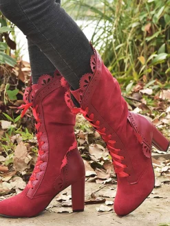 Outlet Retro Stage Leather Petal Edge Lace-Up Mid-Calf Boots