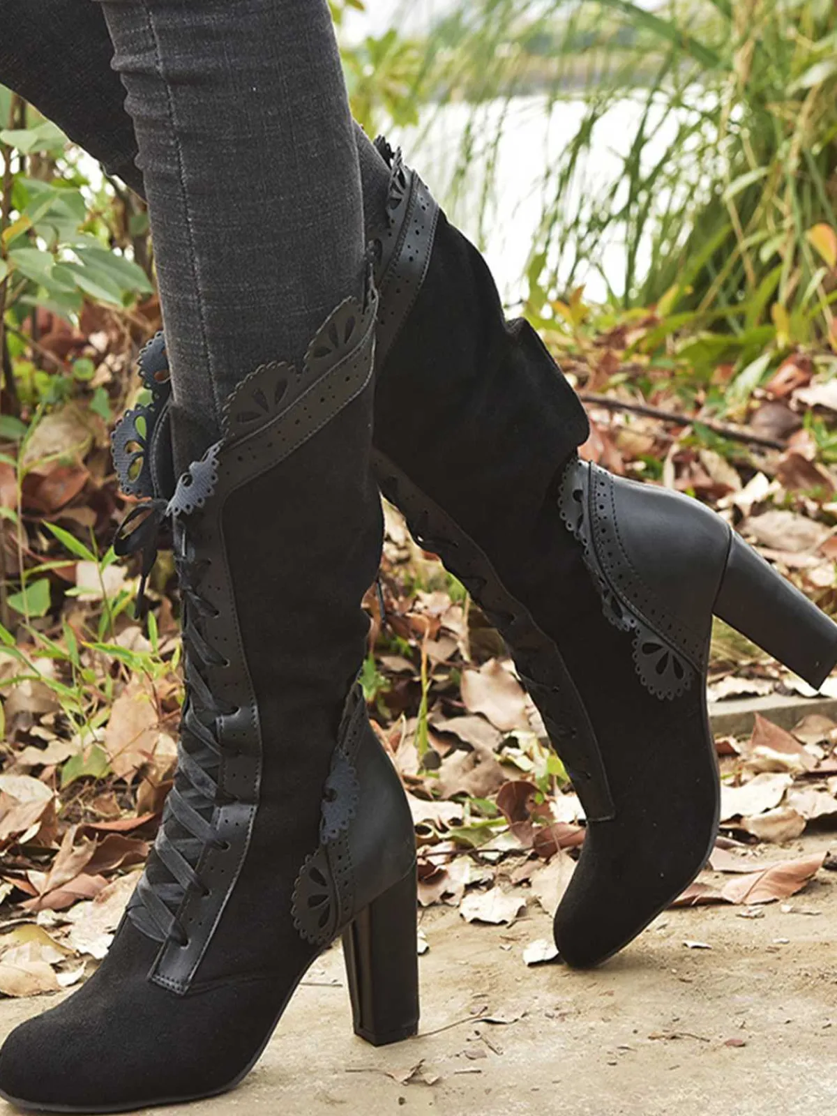 Outlet Retro Stage Leather Petal Edge Lace-Up Mid-Calf Boots