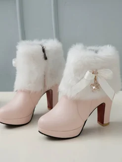 Outlet Retro Stage Leather Rhinestone Fur Patchwork High Boots