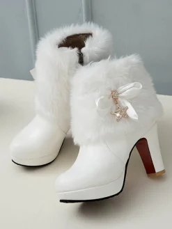 Outlet Retro Stage Leather Rhinestone Fur Patchwork High Boots