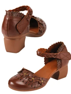 Outlet Retro Stage Leather Vintage Hollow-out High Heeled Sandals