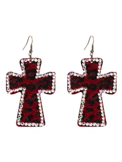 Discount Retro Stage Leopard Rhinestones Cross Pendant Earrings