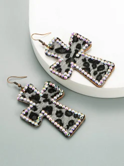 Discount Retro Stage Leopard Rhinestones Cross Pendant Earrings