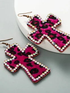 Discount Retro Stage Leopard Rhinestones Cross Pendant Earrings