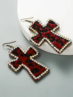 Discount Retro Stage Leopard Rhinestones Cross Pendant Earrings