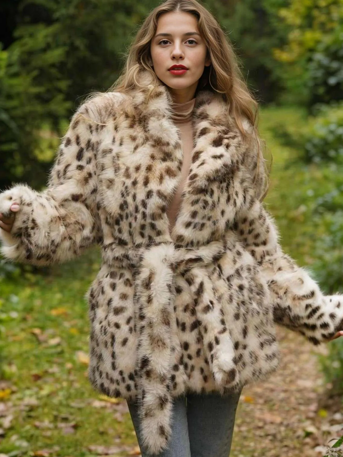 Discount Retro Stage 1940s Imitation Fur Coat With Belt Leopard