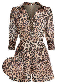 New Retro Stage 1950s Lapel Lace-Up Vintage Romper Leopard