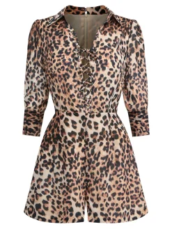 New Retro Stage 1950s Lapel Lace-Up Vintage Romper Leopard