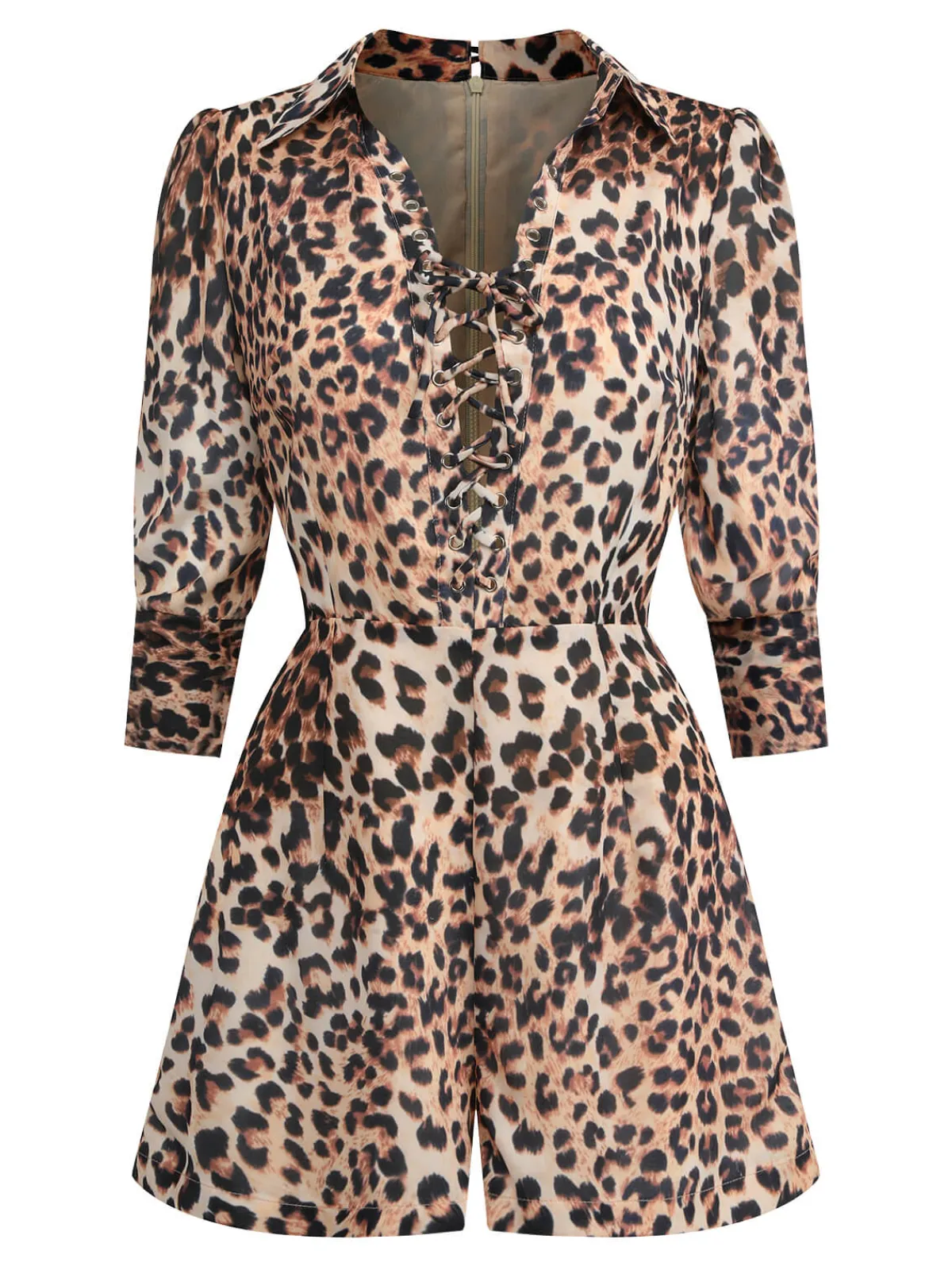 New Retro Stage 1950s Lapel Lace-Up Vintage Romper Leopard