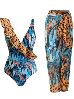 Discount Retro Stage 1960s Ruffle Polka Dot Swimsuit & Cover-up Leopard