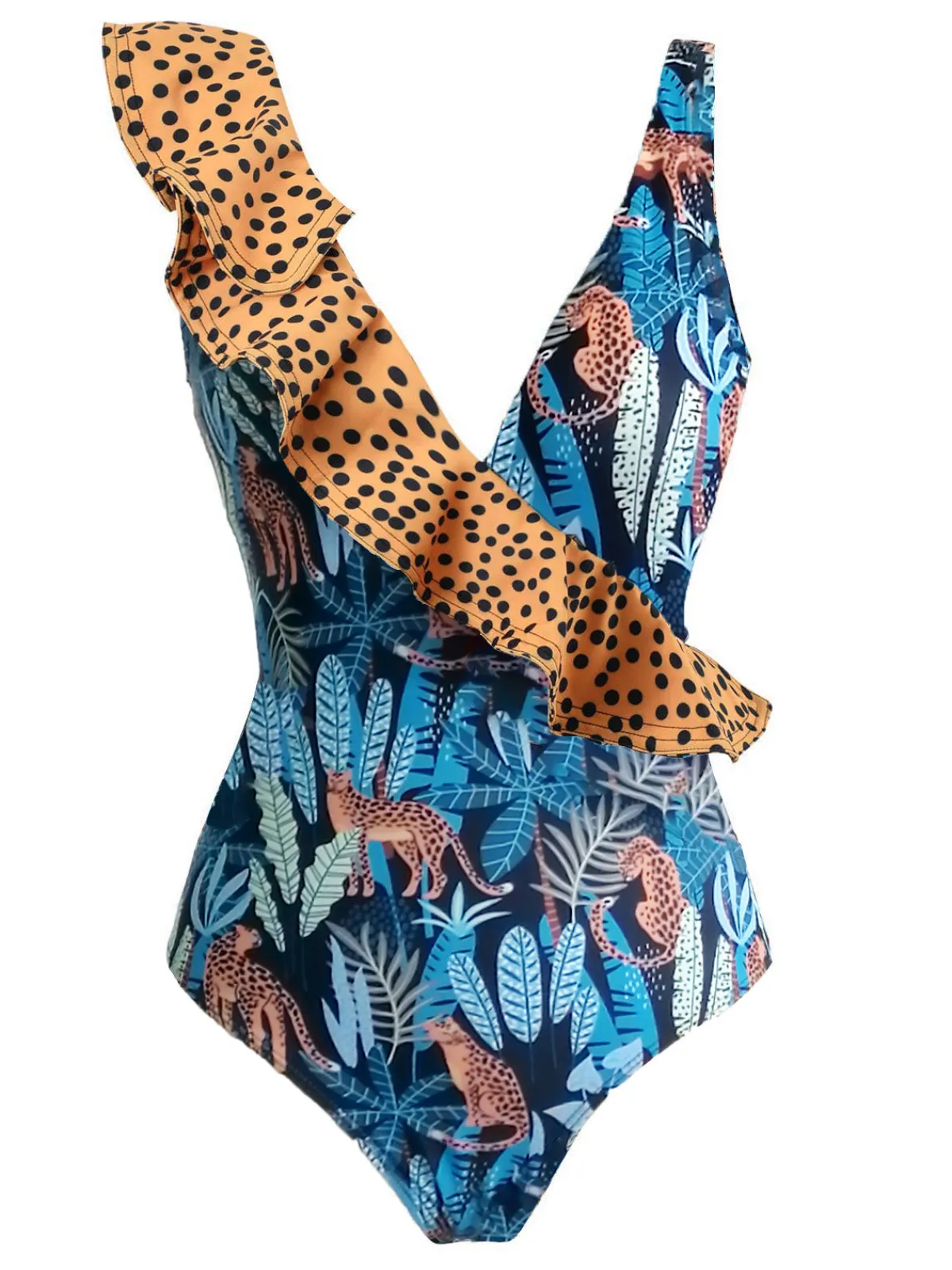 Discount Retro Stage 1960s Ruffle Polka Dot Swimsuit & Cover-up Leopard