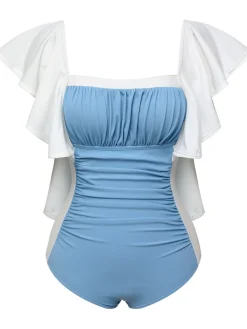 Outlet Retro Stage 1960s Backless One-piece Swimsuit Light Blue