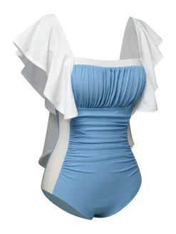 Outlet Retro Stage 1960s Backless One-piece Swimsuit Light Blue