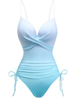 Fashion Retro Stage 1940s Bow Spaghetti Strap One-Piece Swimsuit Light Blue