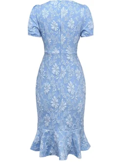 New Retro Stage 1930s Daisy Puff Sleeve Dress Light Blue