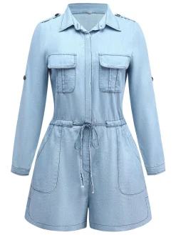 Best Retro Stage 1950s Denim Button Lapel Romper Light Blue