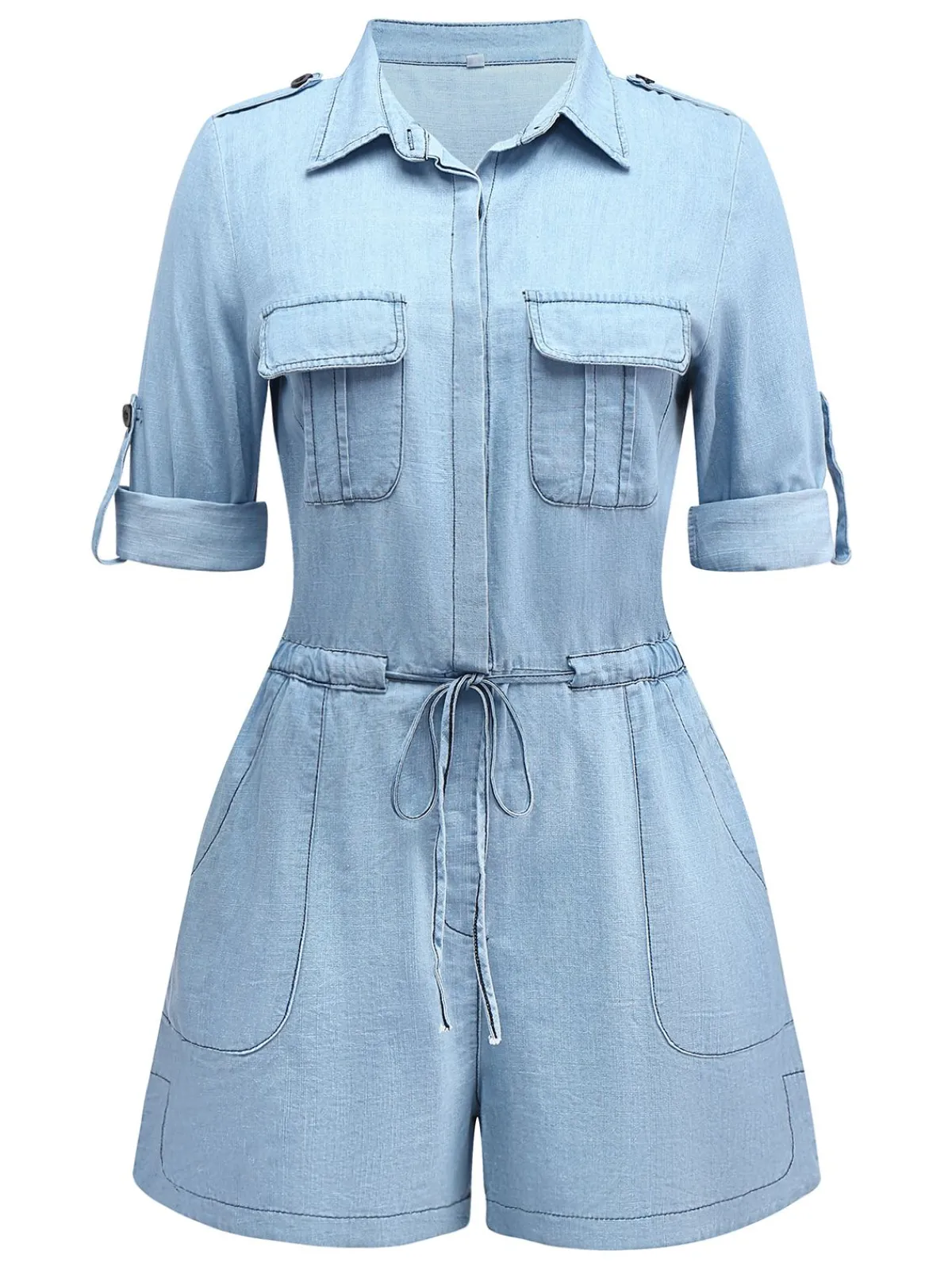 Best Retro Stage 1950s Denim Button Lapel Romper Light Blue