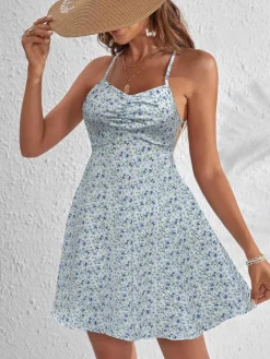 Sale Retro Stage 1970s Ditsy Floral Backless Dress Light Blue