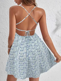 Sale Retro Stage 1970s Ditsy Floral Backless Dress Light Blue