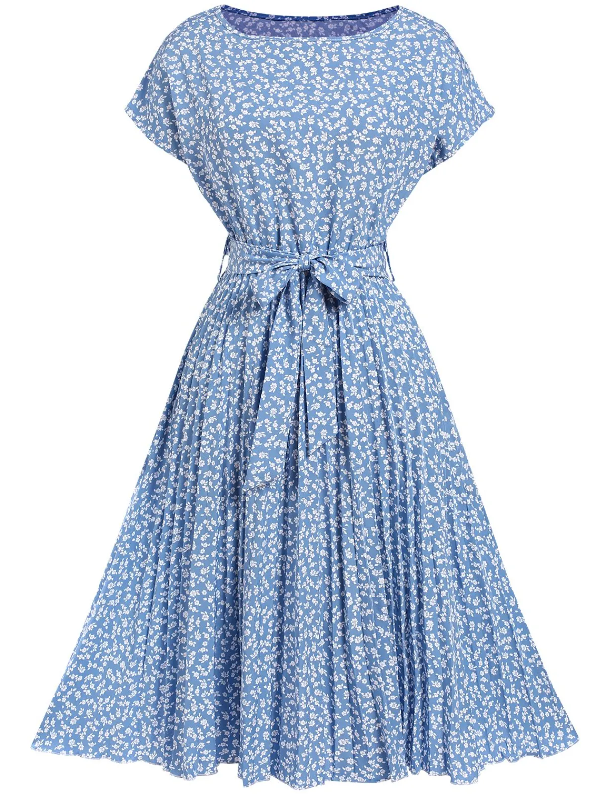 Fashion Retro Stage 1940s Floral Pleated Dress Light Blue