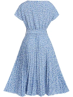 Fashion Retro Stage 1940s Floral Pleated Dress Light Blue