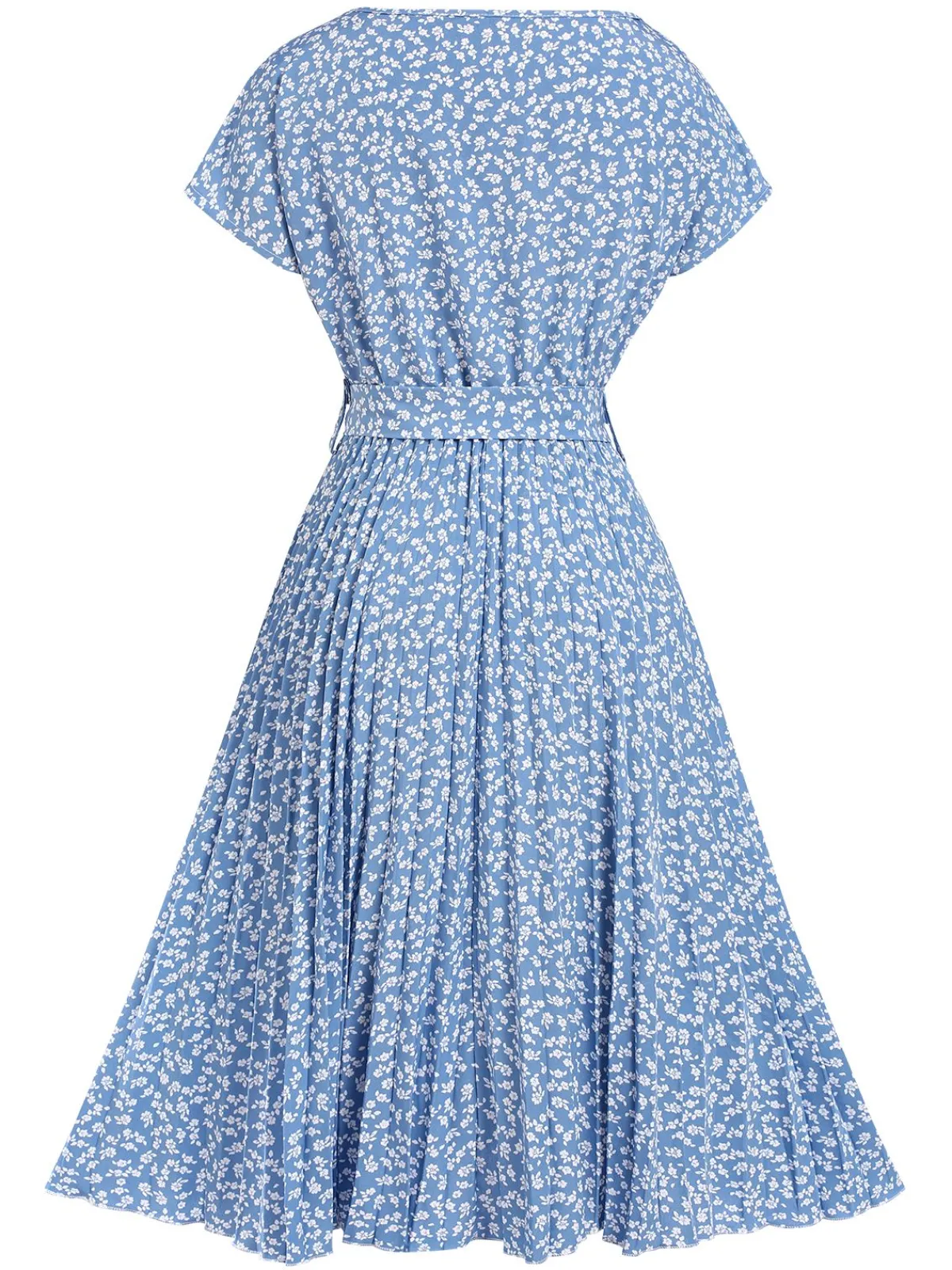 Fashion Retro Stage 1940s Floral Pleated Dress Light Blue