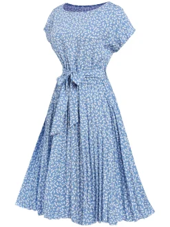 Fashion Retro Stage 1940s Floral Pleated Dress Light Blue