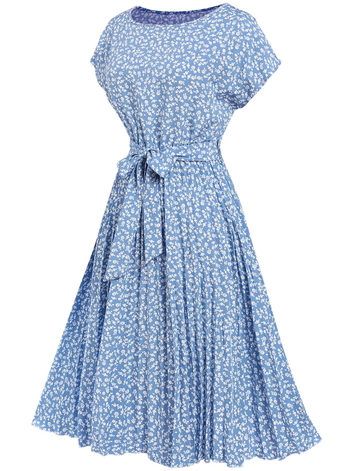 Fashion Retro Stage 1940s Floral Pleated Dress Light Blue
