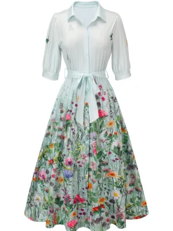 Best Retro Stage Light Blue 1940s Floral Shirt Neck Belt Dress