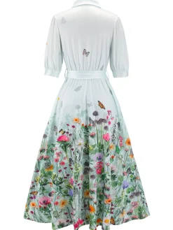 Best Retro Stage Light Blue 1940s Floral Shirt Neck Belt Dress