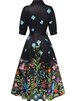 Best Retro Stage Light Blue 1940s Floral Shirt Neck Belt Dress